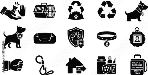 Black silhouette icons of dog related items isolated on transparent background