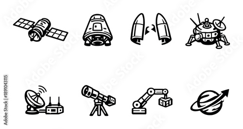 Black and white space icon set with satellite, rocket, telescope, planet