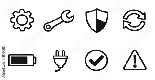 Set of black maintenance icons on dark background with gear wrench shield and battery symbols