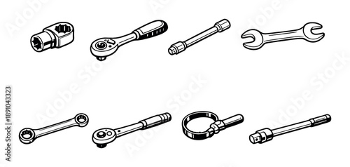 Set of mechanical hand tools including wrenches and ratchets on grey background