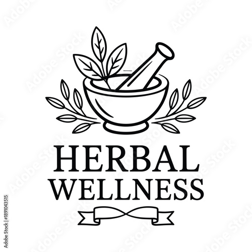 Herbal wellness logo featuring a mortar and pestle surrounded by botanical elements and text isolated on transparent background