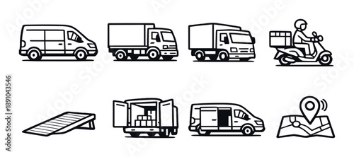 Logistics icons: delivery vans, trucks, scooter, loading dock, map marker