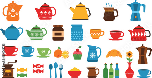 Colorful coffee and tea icons vector set with teapots, cups, mugs, desserts, utensils, bottles, and kitchen accessories in flat design style