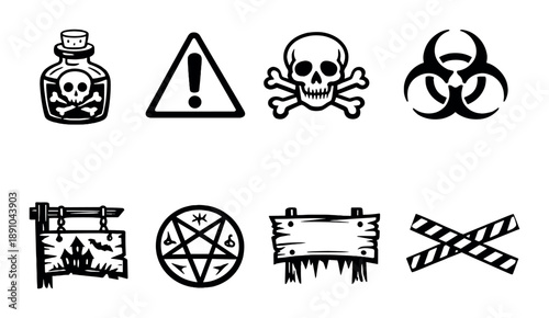 Dark themed warning signs: skull, biohazard, pentagram, hazardous area indicators