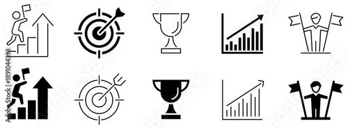 Success icons. Achieve career target.  Successful business development. Editable stroke. Vector illustration