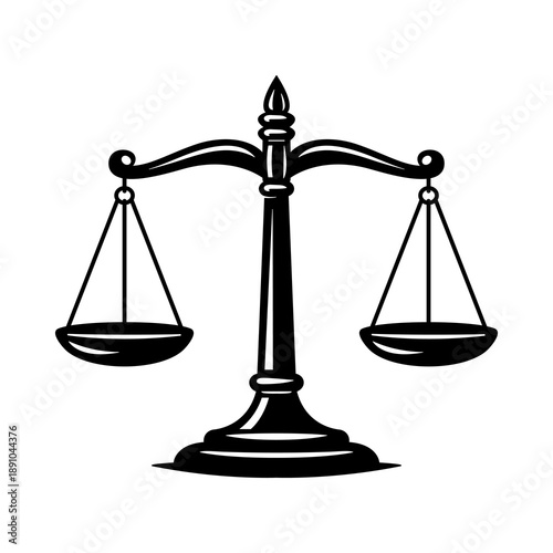Scales of Justice Black Illustration for Law, Legal System, Fairness Concept, Equality Symbol and Judicial Balance Design