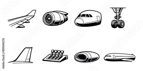Aircraft components illustration: wing, engine, cockpit, wheel, tail, controls, and plane