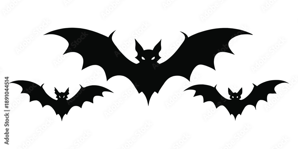 Fototapeta premium A formation of five black silhouette bats in flight against a transparent background, creating a spooky atmosphere for Halloween.