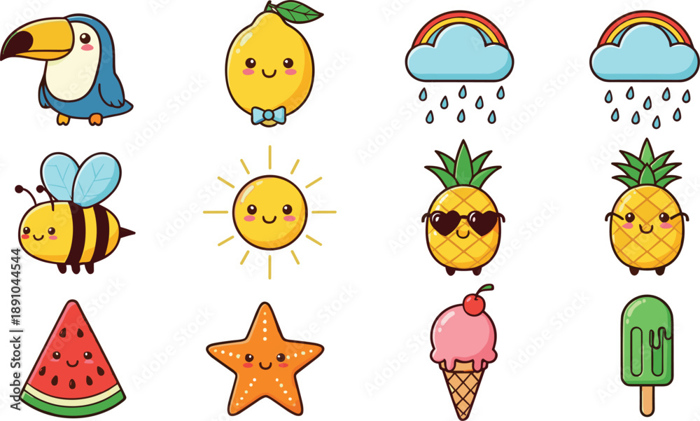Obraz premium Cute Summer Icon Vector Set with Tropical Fruits, Sun, Rainbow Cloud, Ice Cream, Starfish, Bee, and Toucan for Kids Design and Playful Graphics