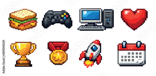 Retro pixel art icons: gaming, tech, and lifestyle set