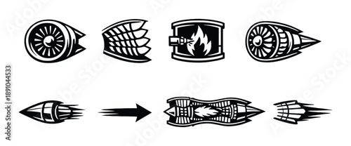 Jet engine components: turbine, exhaust, and combustion chamber illustrations