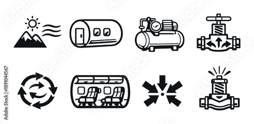 Industrial icons set featuring compressor, valve, and recycling symbols