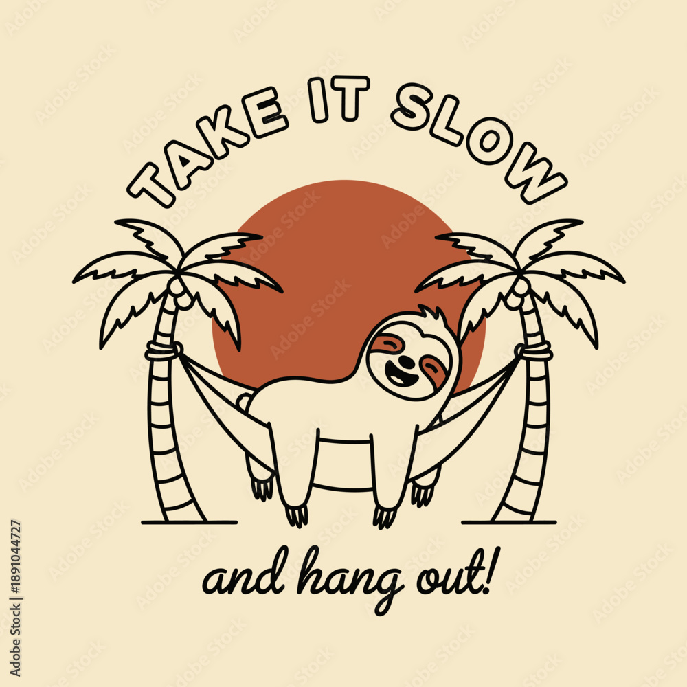 Obraz premium Cute Sloth Relaxing in Hammock Between Palm Trees with Sunset.