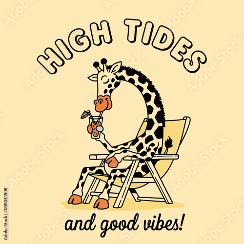 Relaxed Giraffe Enjoying a Drink in a Beach Chair.