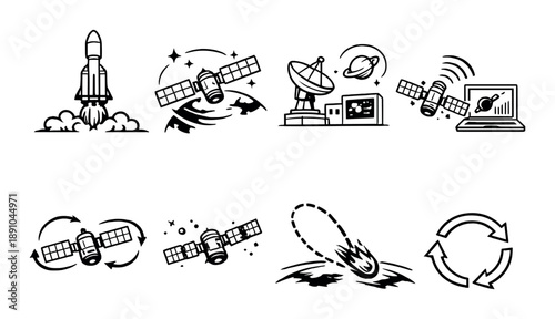 Space exploration icons with satellites, rockets, and telescopes