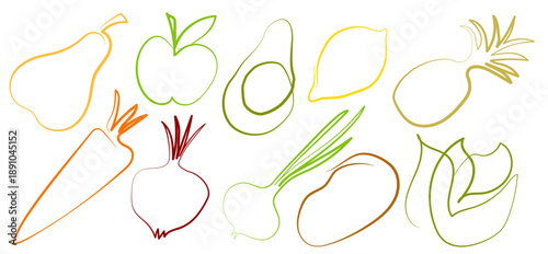 Various fruits and vegetables outlined in a simple style. The arrangement includes pears, apples, avocados, and carrots surrounded by other produce