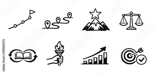 Set of minimalistic black icons on gray background featuring map, scale, and torch symbols