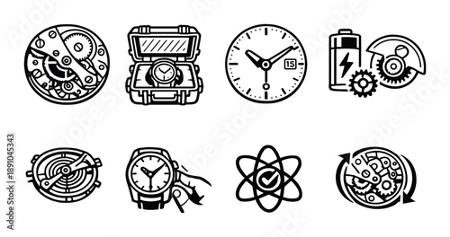 Black and white icons of watches and clock mechanisms on gray background
