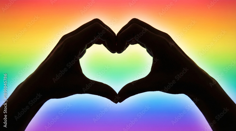 Fototapeta premium Hands forming heart shape with rainbow background