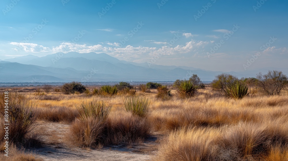 Fototapeta premium Dry desert landscape with sparse vegetation under blue sky and mountains. Natural habitat for arid regions and environmental conservation.