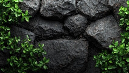 Close-up of dark grey rocks in a wall formation, framed by vibrant green leafy plants