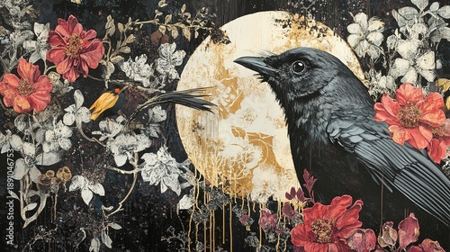Art piece showing a black bird and a colorful bird among flowers with a large moon in the background at night