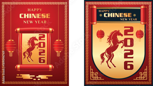 Lunar New Year. Elegant Template Social Media 2 bundle Chinese New Year 2026 for Greetings, featuring Traditional Lanterns, a Golden Scroll, and a Symbolic Horse Motif