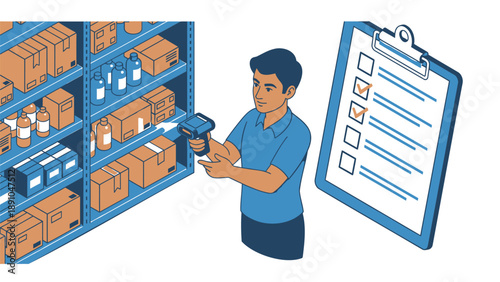 Warehouse worker scanning inventory with barcode scanner next to checklist clipboard