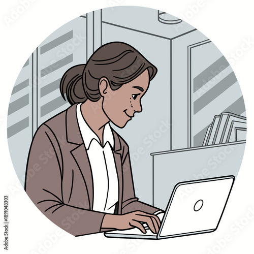 A professional woman diligently working on her laptop in a modern office setting.