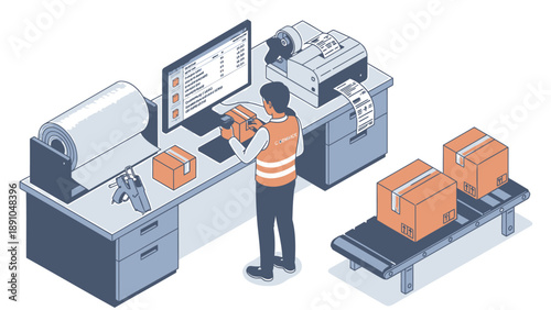 Warehouse worker scanning packages on conveyor belt at shipping and receiving desk with computer and printer