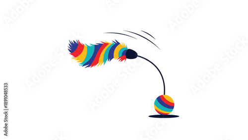 Brightly colored cat toy featuring a rainbow feather wand and a striped ball for pet entertainment and exercise.