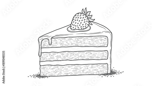 Delicious slice of layer cake with cream filling and a whole strawberry on top in black and white line art style.