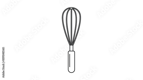 Detailed black and white line art illustration of a kitchen whisk used for baking and mixing various ingredients.