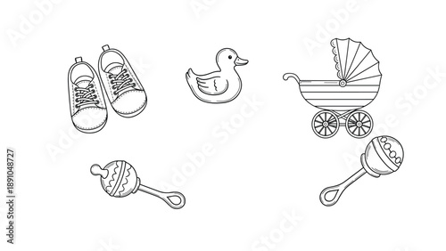 Set of baby items in simple black and white line art including tiny shoes, a rubber duck, a classic stroller, and handheld toy rattles.