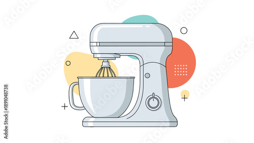 Modern silver stand mixer with a large bowl and whisk attachment for baking and cooking, isolated against abstract shapes.