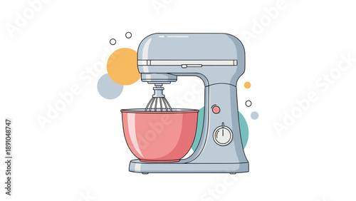 Modern kitchen stand mixer illustration with a red bowl shown against an abstract background of colorful circles and geometric patterns.