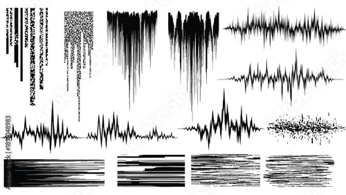 Collection of various waveform patterns and textures on white background for graphic design