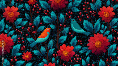 Vibrant birds perch on lush floral branches in a colorful illustration viewed from above.