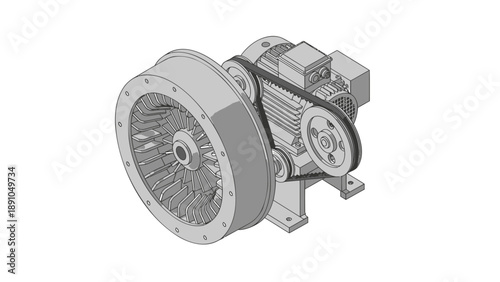 Industrial centrifugal fan blower with motor and belt drive on white background for engineering and manufacturing concepts