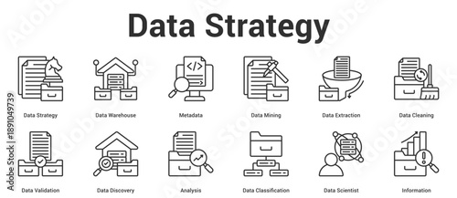 Data Strategy icon set collection vector illustration concept for business with icon of Data Strategy, Data Warehouse, Metadata, Data Mining, Data Extraction, Data Cleaning, Data Validation.