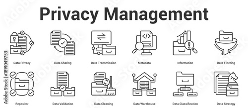 Privacy Management icon set  vector illustration concept for business with icon of Data Privacy, Data Sharing, Data Transmission, Metadata, Information, Data Filtering, Repositor