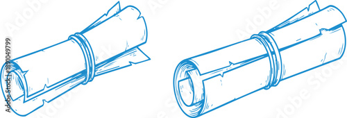 Blue rolled documents blueprints with ribbons  icon set for planning and design