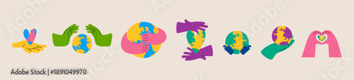 Set of hands holding and protecting earth. Hands with love or heart gesture. World earth day concept. Colorful vector illustration