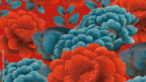 Vibrant floral arrangement featuring red and blue flowers from a close-up overhead viewpoint