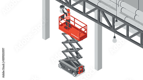Worker on scissor lift changing light bulb under industrial metal structure with exposed pipes