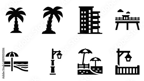 Beachside elements silhouette pack: palm trees, buildings, and seaside icons