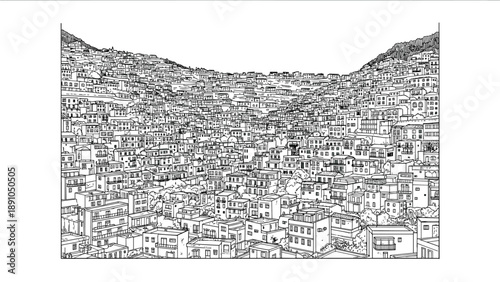Intricate urban hillside: detailed black and white cityscape view
