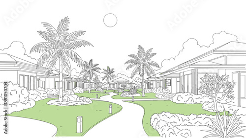 Tropical resort landscape with palm trees and villas in linear style