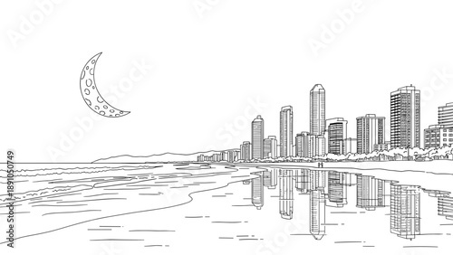 Cityscape with moonlit beach reflection in linear style