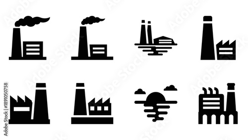 Industrial factory icons set with smoke and silhouette buildings